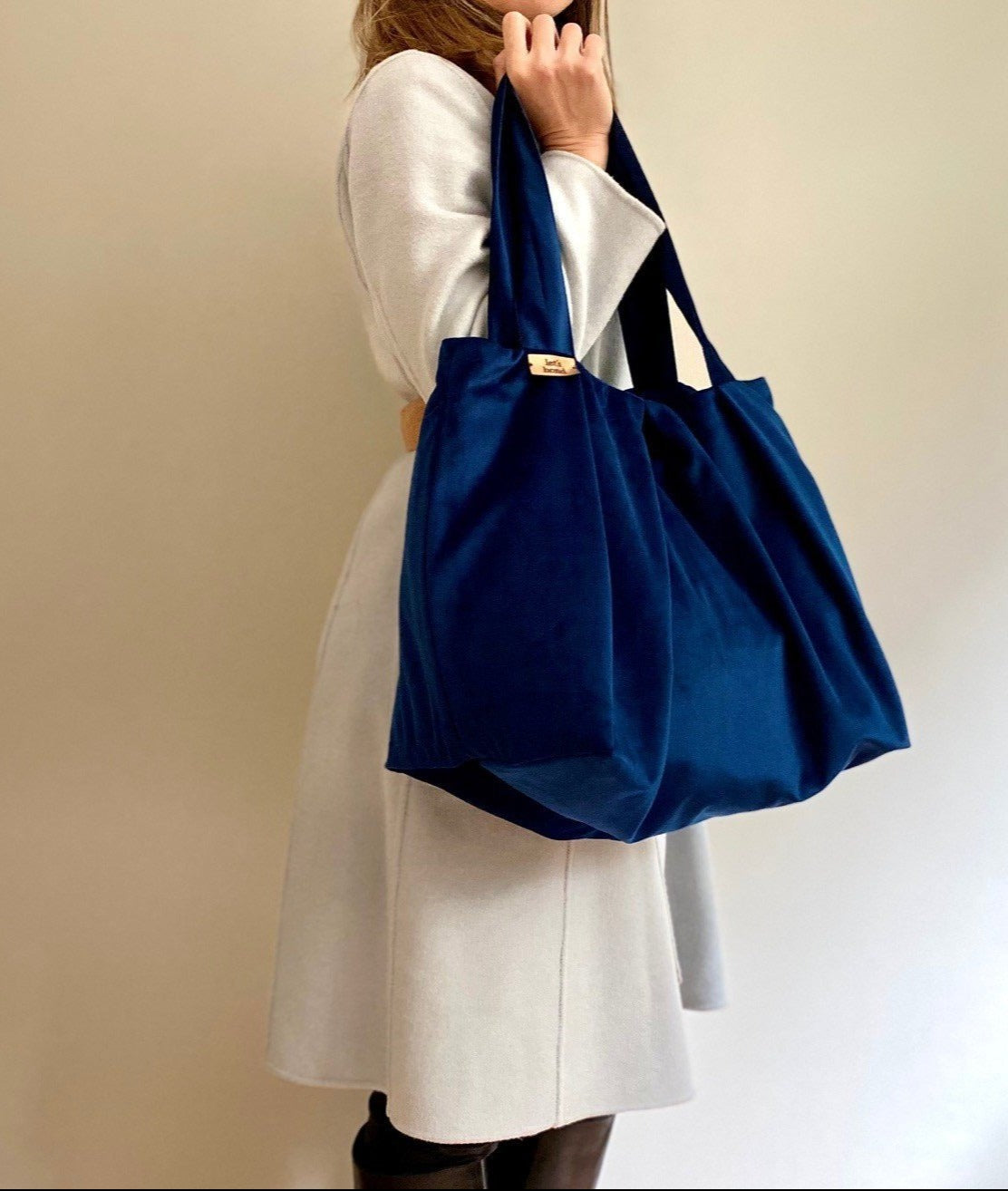 shopper bag blue μεγαλη τσαντα βελουδινη χειροποίητη