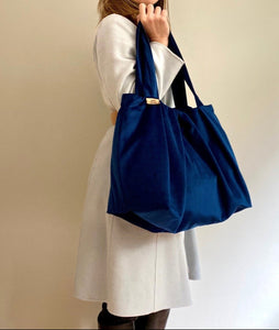 shopper bag blue μεγαλη τσαντα βελουδινη χειροποίητη