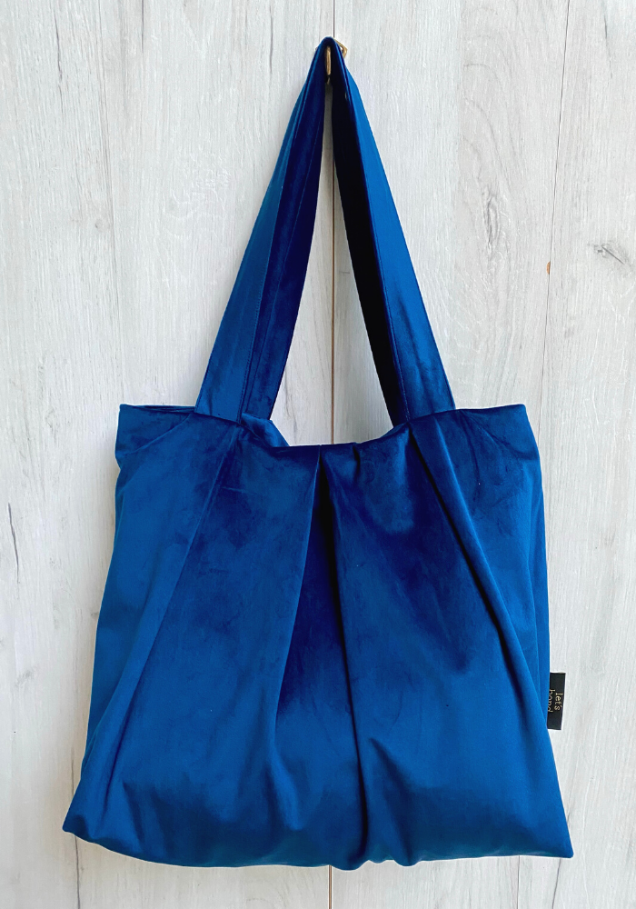 χειροποιητη τσαντα ωμου μπλε βελούδο sinefo shopper bag 